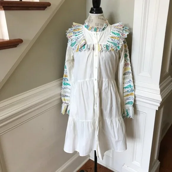 Sea NY Linden Patchwork Dress Womens XS Cream Blue Long Sleeve Ruffle Cotton - Picture 3 of 13